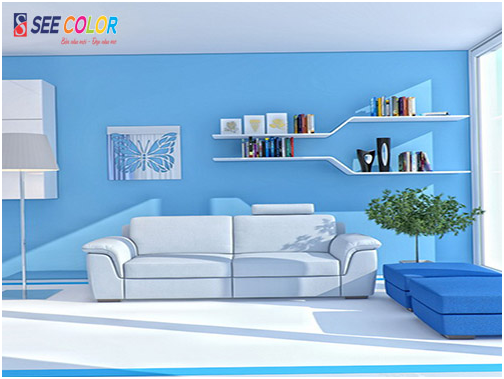 Sơn màu xanh làm làm cho phòng khách thêm sống động 