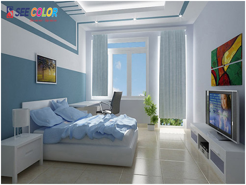 Phòng ngủ cũng ấn tượng hơn với màu trắng và xanh lam 