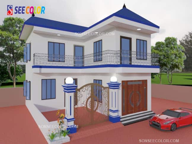 Phào chỉ màu xanh dương đậm kết hợp với màu trắng sứ cho nhà mái ngói xanh