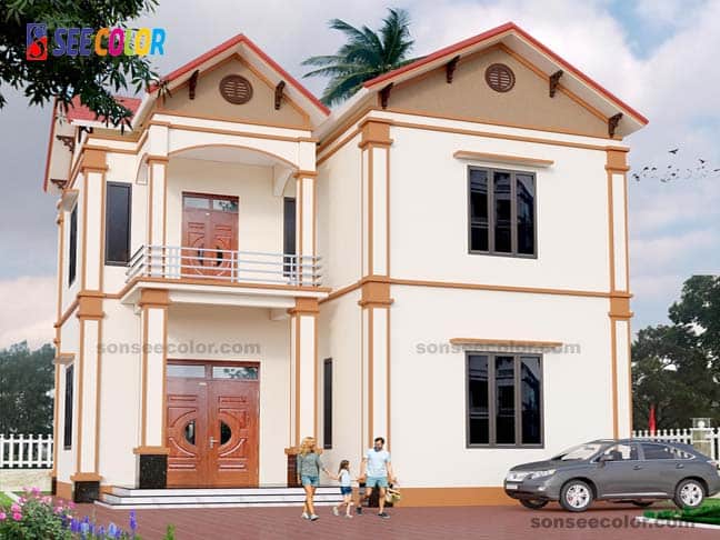 Sơn ngoài trời màu kem vàng kết hợp với phào chỉ màu cam đẹp