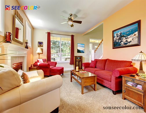 Màu đỏ và màu can kết hợp rất đẹp cho phòng khách