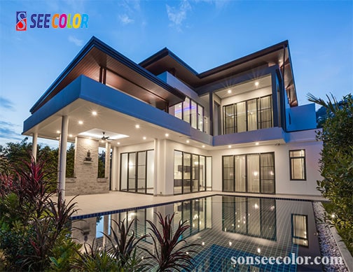 Sơn phào chỉ màu xanh lam đậm làm điểm nhấn cho màu sơn ngoại thất 